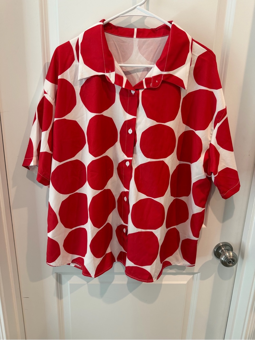 SHEIN Red and White Polka Dot Button-Down Shirt Size XL